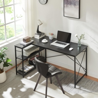 Schreibtisch Raundsvalt mit 1 Regal L-förmig 137x88x75 cm Schwarz [en. casa]