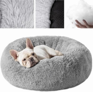 NYVI Tierbett Hundebett NYVIPets Flauschi Ø 60 cm Rund Grau Flauschiges Hundekissen, Polyester, Waschbar, Rutschfeste & Wasserabweisende Unterseite