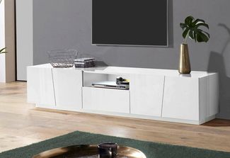 Dmora - TV-Schrank Paul, niedriges Wohnzimmer-Sideboard, Fernsehständer-Basis, 100 % Made in Italy, 220 x 43 x 46 cm, glänzend weiß, mit LED-Licht