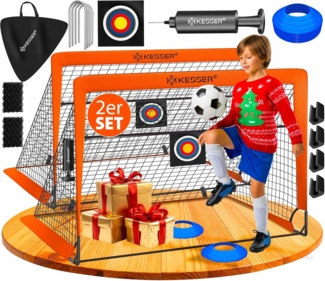 KESSER Pop-Up Fußballtor, 2er Set, mit Transporttasche, 6x Hütchen, Ballpumpe & Zielscheibe, Glasfaserstangen, 120x90 cm, Orange
