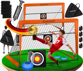 KESSER Pop-Up Fußballtor, 2er Set, mit Transporttasche, 6x Hütchen, Ballpumpe & Zielscheibe, Glasfaserstangen, 120x90 cm, Orange