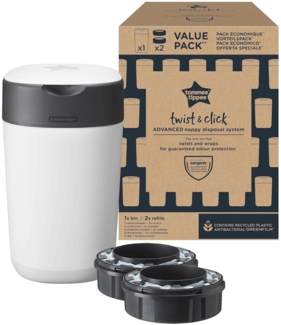 Tommee Tippee Twist and Click Advanced Windeleimer mit 2 Nachfüllkassetten, garantierter Geruchs- und Keimschutz, großes Fassungsvermögen (Verpackung kann variieren)