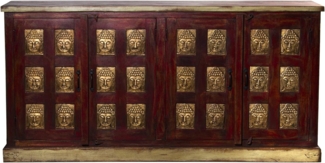 DRW Anrichte mit 4 Holztüren mit goldenen Buddhas in Rot und Natur 180 x 40 x 90 cm, bunt, Grande