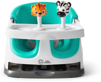 Baby Einstein Dine & Discover, Sitzerhöhung für Babys und Kleinkinder, Boostersitz mit 2 Tier Spielzeugen, 3-Punkt-Sicherheitsgurt, abnehmbaren Tablett und mehr, grün, ab 6 Monaten