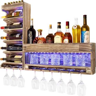 Yorbay Weinregal Weinregal aus Holz, Wandbar mit Korkhalter, mit LED Beleuchtung, für Weingläser, Whiskygläser, Wandmontage Wand Flaschenhalter Vintage Stil für Hausbar