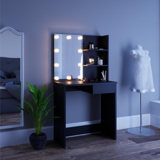 Vicco Schminktisch Dekos Frisiertisch Kommode Frisierkommode Spiegel Schwarz inklusive LED-Lichterkette