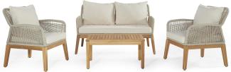 byLIVING Outdoor Sofa-Set FLORIDA / Akazie natur / Seilgeflecht naturfarben / Webstoff offwhite / Sofa: B 130 x T 71,5, H 79 cm, Sessel (2x): B 60 x T 71,5, H 79 cm, Tisch: 77 x 50, H 39 cm