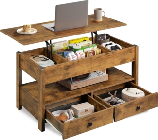 WLIVE Höhenverstellbarer Couchtisch, Wohnzimmertisch mit 2 Schubladen und Verstecktes Ablagefach, 50x100 cm Holzoptik Coffee Table, Vintagebraun