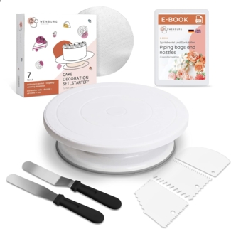 Wenburg Drehbare Tortenplatte, Tortendeko Set zum Backen - Backutensilien Backzubehör für Torten - Kuchen Drehteller, Winkelpaletten, Teigschaber, Tortendrehscheibe, Konditorei Zubehör (Set Starter)
