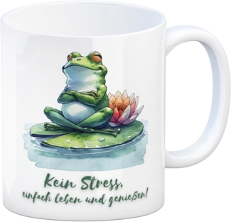 speecheese Tasse Frosch auf Seerose Kaffeebecher mit Spruch Kein Stress einfach leben