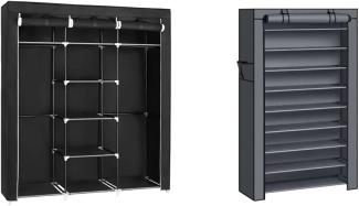 SONGMICS Kleiderschrank, Faltschrank, Stoffschrank, 175 x 150 x 45 cm, schwarz RYG12B & Schuhregal mit 10 Ebenen, Schuhaufbewahrung, Schuhorganizer, für bis zu 40 Paar Schuhe, 88 x 28 x 160 cm, grau