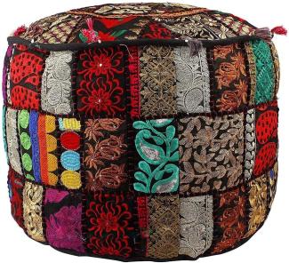 Aakriti Indian Pouf Fußhocker mit Stickerei Pouf, indische Baumwolle, Pouffe osmanischen Pouf Cover mit ethnischem Dekor Kunst - Cover (Black, 46x33 cms)