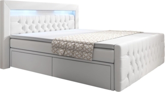 Boxspringbett Menzogna mit LED und Stauraum (2 Schubladen) 160x200 Weiß H2 (bis 70kg)
