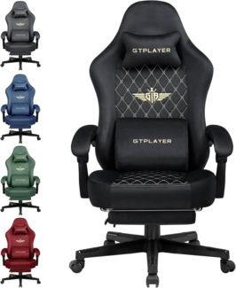 GTPLAYER Gaming Stuhl Stoff Gaming Chair Ergonomisch Bürostuh PC Stuhl, 150kg Belastbarkeit, Verstellbarer und Drehbarer Schreibtischstuh mit Federsitzkissen und Fußstütze, Schwarz