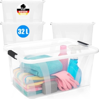 BigDean 4er Set Aufbewahrungsbox mit Deckel transparent - 32L + Clipverschluss - Stapelbox Ordnungsbox Clipbox Lagerbox Box mit Deckel Storage Boxes - Klarsichtbox mit Deckel – stapelbar