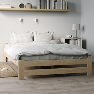 Home Collective Holzbett mit Lattenrost Modern Bett Kiefer Bettgestell Massivholzbett Klassisch (90x200, 120x200, 140x200, 160x200 cm), Doppelbett, Skandi Boho Landhaus Kopfteil flach 160x200 cm natur