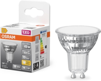 Osram LED-Spot Star PAR16 Reflektor, 2700 K warmweiß, 5,6 W, GU10, 120°, 620 lm, klar, für Spotbeleuchtung, Flächenlicht, Wohnräume, 15.000h