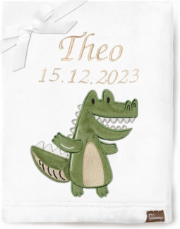 Be Mammy Personalisierte Babydecke mit 3D Applikation Warme Kuscheldecke mit Namen und Geburtsdatum; Perfektes Baby Geschenk; Blanket; Krabbeldecke BE20-280 (Weiß - Krokodil)