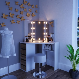 Vicco Eckschminktisch Weiß/Sonoma 110 cm mit LED Beleuchtung und Hocker, Arielle