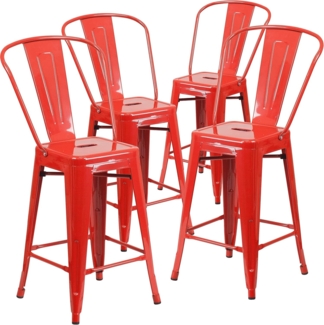 Flash Furniture Lily Hocker in handelsüblicher Qualität, 61 cm hoch, Metall, für drinnen und draußen, mit Abnehmbarer Rückenlehne, Rot, 4 Stück