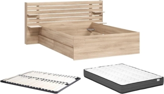 Vente-unique - Bett mit Stauraum - 140 x 190/200 cm + Lattenrost + Matratze - Holzfarben - TENALIA II