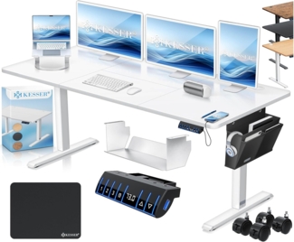 KESSER® Höhenverstellbarer Schreibtisch elektrisch | Ergonomisch Steh-Sitz Schreibtisch | 3-Funktions-Memory Steuerung | Inkl. 360° Rollen & USB-Ladeanschluss | Computertisch für Homeoffice Weiß, 160 x 70 cm