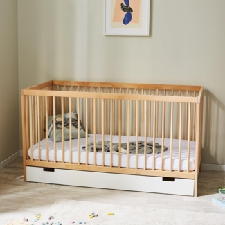 Kids Collective Babybett Kinderbett Gitterbett 60x120 höhenverstellbar & herausnehmbare Sprossen, Schublade | Buchenholz Natur sehr stabil Made in Europe