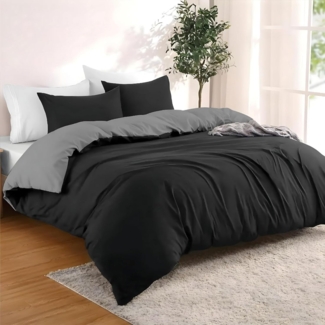 Dreamzie - Bettwäsche Set 240x220 cm mit 2 Kissenbezügen 65x65 cm Weiß/Dunkelgrau - 1 Bettbezug 240x220 aus 100% Mikrofaser - Zertifiziert ohne Chemikalien (Oeko TEX)
