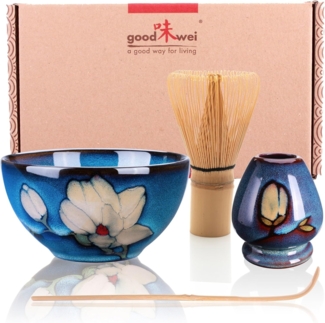 Goodwei Teeschale Matcha Teezeremonie Set "Magnolia" mit Teeschale, Besen und Halter, 4-tlg, Keramik