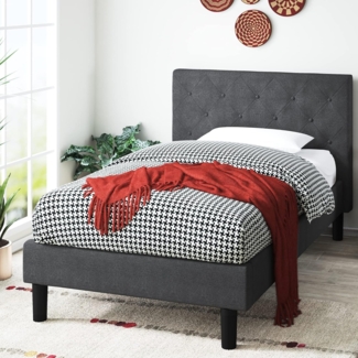 Zinus Shalini Bett 80x190 cm – Bettgestell 35 cm hoch – gepolstertes Plattform-Bettgestell mit Lattenrost aus Holz – Dunkelgrau