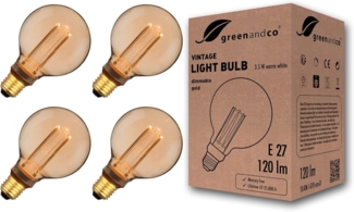 greenandco 4x dimmbare Vintage Design LED Birne zur Stimmungsbeleuchtung | E27 G95 | gold | 3,5W 120lm | 1800K extra warmweiß | 320° | 230V | flimmerfrei | Edison Glühbirne