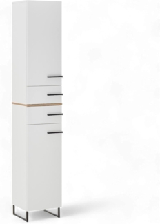 PALERMO Badezimmer Hochschrank in Weiß, Evoke Eiche Optik - Badezimmerschrank Bad Schrank mit viel Stauraum - 35 x 194 x 33 cm (B/H/T)