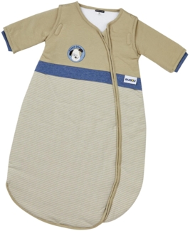 Gesslein Baby Schlafsack Bubou, Schlafsack mit Temperaturregulierung (langer Reißverschluss, 50/60), beige-weiß gestreift, blau mit Hund Motiv