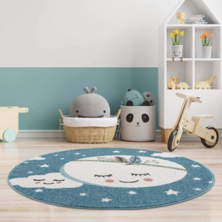 carpet city Kinderteppich Kinderzimmer Blau - 120 cm Rund - Mond Sterne - Kinderzimmerteppiche Mädchen Jungen - Babyzimmer-Teppich - Spielteppich - Sternenteppich