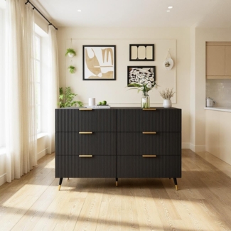 FurnitureR Black Midi- & Hochschrank, Modernes Design, Robustes Particle Board, Goldene Griffe, Stabile Holzbeine