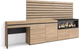 Skraut Home | Schminktisch | Frisiertisch mit Stauraum | 284 x 145 x 35 cm | mit Schublade | Elektrokamin XXL | Kommode mit Schubladen | Lamellenwand Holz | Moderner Stil | Eiche