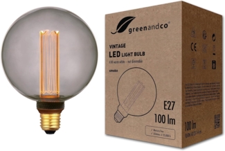 greenandco LED Vintage Glühbirne zur Stimmungsbeleuchtung | E27 G125 | smoke | 4W 100lm | 1800K extra warmweiß | 320° | 230V | flimmerfrei | nicht dimmbar | Edison Glühbirne