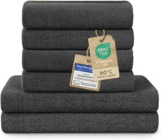 Blumtal Premium 6-TLG. Frottier Handtücher Set mit Aufhängschlaufen - 100% Baumwolle Oeko-TEX Zertifiziert, Weich, Saugstark - 2X Badetuch (70x140 cm), 4X Handtuch (50x100 cm), Anthrazit