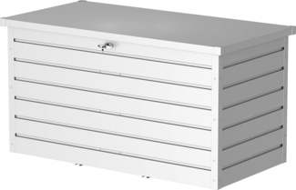 Duramax Palladium Kissenbox aus Metall XL (1043 L) mit hydraulischer Gasdruckfeder und abschließbarem Griff mit Schlüssel, Terrassenbox und Gartenmöbelaufbewahrung, silver