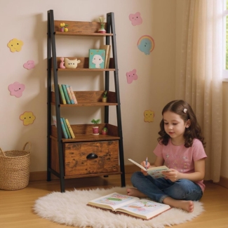 FurnitureR Kinderzimmer Regal & Ablage 42 x 29 x 141 cm, 5 Ebenen, Stoffschublade, 12 mm Holzplatten & 20 mm Metallrahmen, 7,5 cm Rückwand, Warmer & sicherer Stauraum