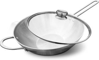 Zwilling TwinNova 3 Wok pfanne Induktion 30 cm mit Glasdeckel, 2 tlg, Asiatische Wokpfanne Unbeschichtet, Spülmaschinenfest, rutschfester Griff, Pfanne FÜR ALLE HERDARTEN, Silber