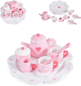 Moni Kinder Teeservice Herz 005 Holz 10-teilig, Kanne, Tassen, Löffel, Teller rosa