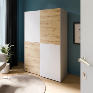 FORTE Schach & MATT Kleiderschrank 120, Moderner Schrank mit Schachbrettmuster, Schwebetürenschrank, Holzwerkstoff, Artisan Eiche Dekor mit Weiß, 120,1 cm breit, 190,5 cm hoch, 61,2 cm tief