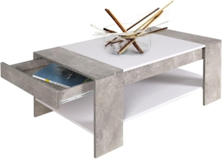 BAKAJI Rechteckiger Wohnzimmertisch, modernes Design, MDF-Holz + graue Schublade, Polycarbonat, Beton, weiß, 100 x 58 x 44 cm