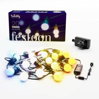 Twinkly Festoon 20 LED Weiß, Lichterkette mit 20 LED-Lampen, Außen- und Innenbeleuchtung von Warmweiß bis Kaltweiß, Kompatibel mit Alexa, Google Home, IP44, App-Steuerung, Schwarzes Kabel, 10m