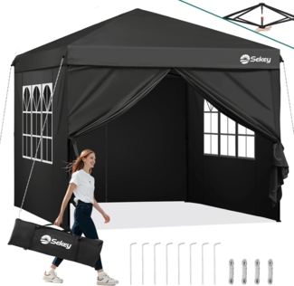 Sekey Pavillon 3x3 mit 4 Seitenteile, Faltpavillon Wasserdicht Stabil Winterfest, Pop Up Pavillon Faltbar für Camping, Festival, Events, Picknicks, Partyzelt Gartenzelt mit 4 Sandsäcke, Schwarz
