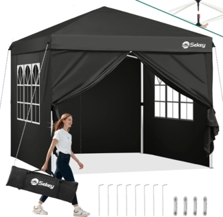 Sekey Pavillon 3x3 mit 4 Seitenteile, Faltpavillon Wasserdicht Stabil Winterfest, Pop Up Pavillon Faltbar für Camping, Festival, Events, Picknicks, Partyzelt Gartenzelt mit 4 Sandsäcke, Schwarz
