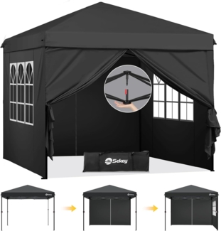 Sekey Pavillon 3x3 mit 4 Seitenteile, Faltpavillon Wasserdicht Stabil Winterfest, Pop Up Pavillon Faltbar für Camping, Festival, Events, Picknicks, Partyzelt Gartenzelt mit 4 Sandsäcke, Schwarz