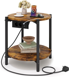 IRONCK Beistelltisch rund, Couchtisch mit Steckdose, Kleiner Tisch Holz, Wohnzimmertisch 2 Ablagen,Sofatisch,USB & Type-C-Anschluss, Metallrahmen, Nachttisch für Schlafzimmer (Vintagebraun, 1 Stück)