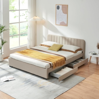 Polsterbett Nofrenna mit 4 Schubladen 160x200 cm Leinen Beige [en. casa]